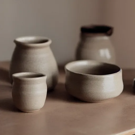 Prompt: ceramics set on a beige stool, 3 5 mm f / 2. 4