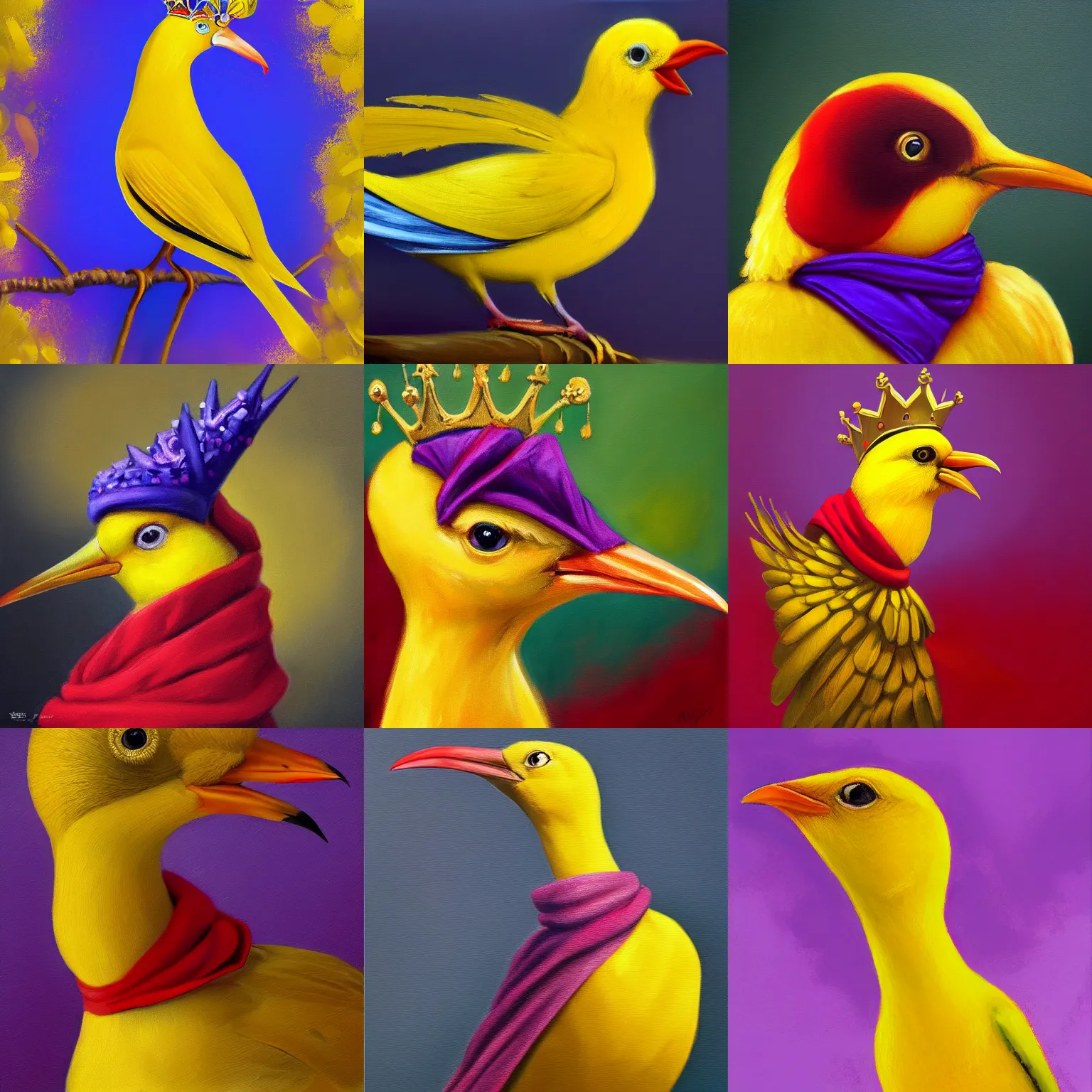 Prompt: an elegant yellow bird wearing a crown and a red scarf, purple background, realistic oil painting, artstation, detailed, 4k, high quality