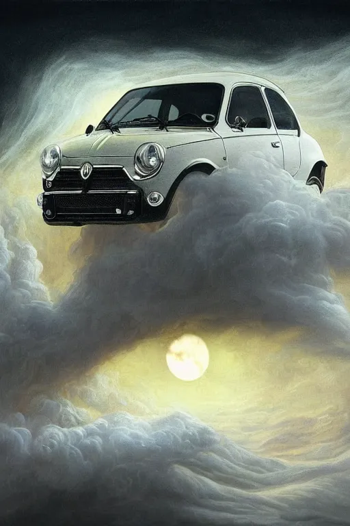 Image similar to Intricate stunning highly detailed Fiat 600R built in Spain, White color, digital painting by agostino arrivabene and Vladimir Kush, surreal, ultra realistic, Horror vacui, dramatic lighting, full moon, thick black swirling smoke tornado, burning fire embers, artstation