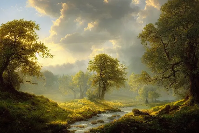 Prompt: masterpiece painting of oak trees on a hillside overlooking a creek, dramatic lighting, by jonas de ro