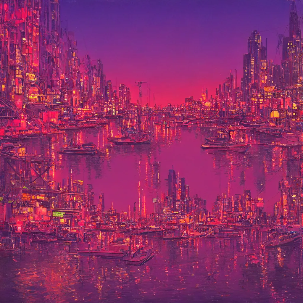 Image similar to the city lights were bright pink and orange and shone overhead. the harbour looked beautiful the sun reflecting off of the water and the neon lights of the city gave of a warm feeling, trending on artstation, by moebius