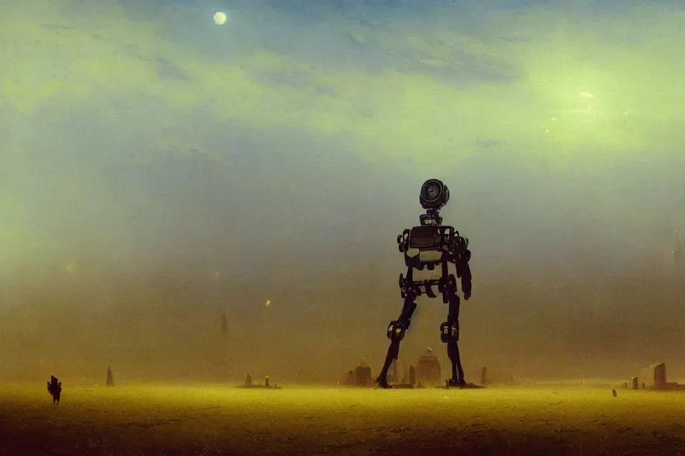 Image similar to sci-fi painting of a large alien city on the vast wheat fields, the closed back view of only one humanoid robot on the ground, by Ivan Aivazovsky, godrays, detailed