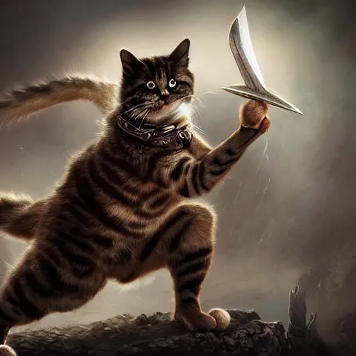 Image similar to a hyper realistic cat warrior, ultra detailed, magic the gathering art, digital art, cinematic, studio lighting, background battlefield, fantasy, no blur,