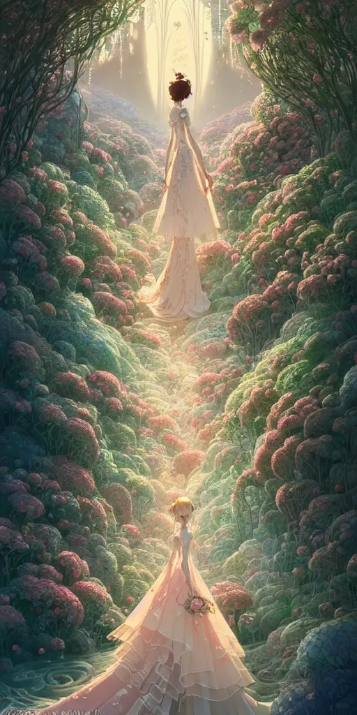 Prompt: the beautiful hyper detailed of a rose wedding dress clothing design display in the fairyland, in the style of makoto shinkai victo ngai and peter mohrbacher studio ghibli artgerm karol bak beeple, animation style, 8 k hd, dream, animation style, 3 drender, hyperdetailed