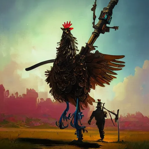 Prompt: a beautiful oil painting with brushstrokes, of an ominous steampunk chicken wearing full body armor and carrying a large scythe, by simon stalenhag, by pascal blanche, by james gurney and beeple. color scheme john berkey.