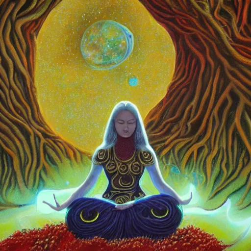 Image similar to A detailed oil painting of a space empress meditating under a tree, detailed artwork