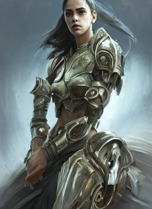 Image similar to a professional portrait of a beautiful young female, clothed in ethereal battle armor, olive skin, long dark hair, beautiful bone structure, symmetrical facial features, intricate, elegant, digital painting, concept art, smooth, sharp focus, finely detailed, illustration, from Valerian and the City of a Thousand Planets, in the style of Ruan Jia and Mandy Jurgens and Artgerm and Greg Rutkowski and William-Adolphe Bouguerea