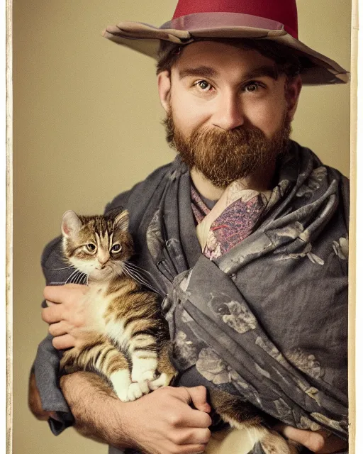 Prompt: gentlemen wearing a hat with floral print and wearing a baby sling on the back with a kitten in the sling, color studio portrait, golden ratio, backlit, happy, detailed eyes