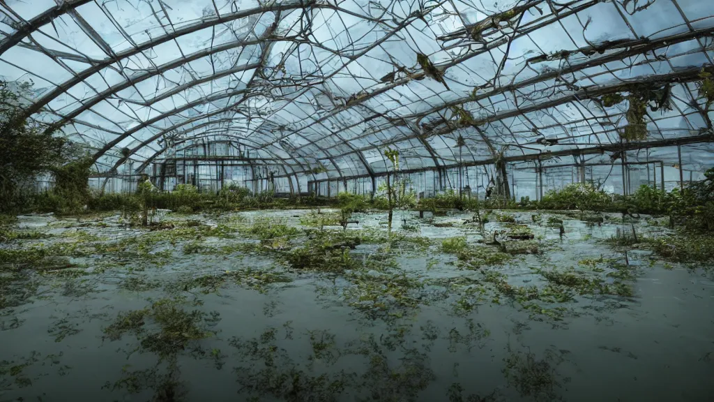Image similar to exploring an abandoned flooded greenhouse, submerged in lake with aquatic life, hyperrealistic, ambient lighting highly detailed, 4 k hd