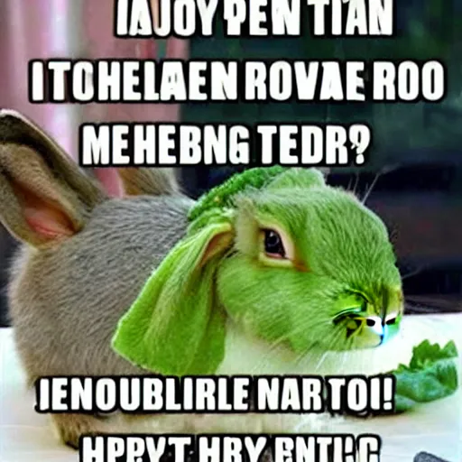 Prompt: a meme image of a rabbit with the text lettuce be happy