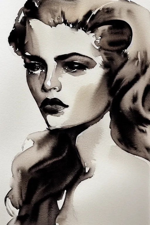 Prompt: stunning award - winning portrait by peter lindbergh of a beautiful young blonde woman. vintage hollywood glamour. long shiny wavy hair. movie star makeup. vogue. watercolor painting on canvas. brush strokes. ink and graphite markings.