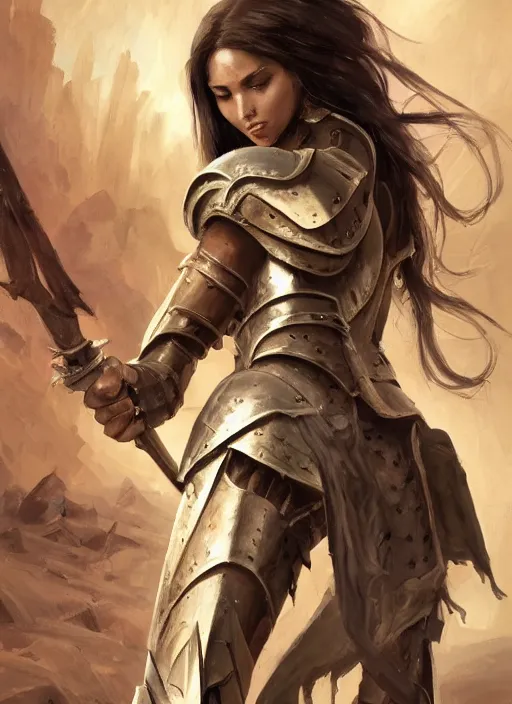 Image similar to a professionally painting of an attractive young girl, partially clothed in battle armor, olive skin, long dark hair, beautiful bone structure, perfectly proportioned, nubile body, symmetrical facial features, intricate, elegant, heroic pose, digital painting, concept art, smooth, sharp focus, finely detailed, from Warhammer, in the style of Artgerm and Greg Rutkowski and William-Adolphe Bouguerea