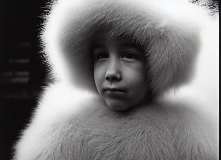 Prompt: realistic documentary portrait closeup photo of a girl slowly morphing into white hairy fur fluffy cloud, common street, front view, grain 1 9 9 0, life magazine reportage photo, metropolitan museum photo