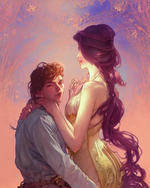 Image similar to secret romance, highly detailed, gold filigree, romantic storybook fantasy, soft cinematic lighting, award, disney concept art watercolor illustration by mandy jurgens and alphonse mucha and alena aenami, pastel color palette, featured on artstation