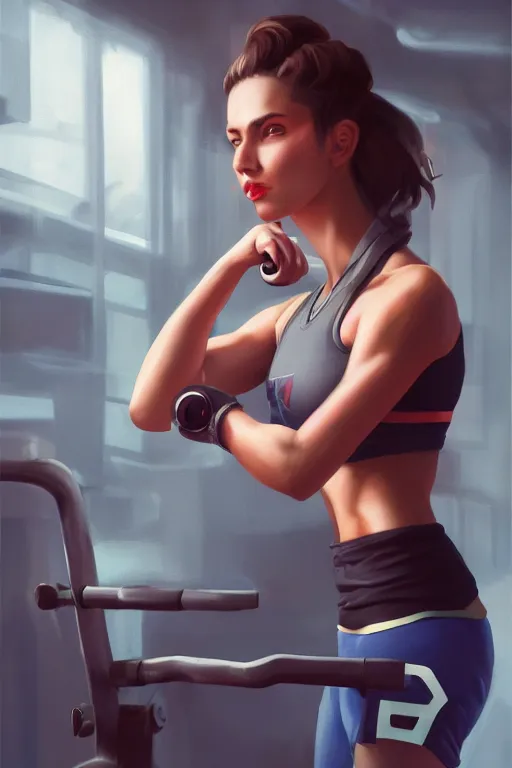 Image similar to a portrait of a cute female gym instructor, dieselpunk setting, vivid colors, soft lighting, atmospheric, cinematic, moody, in the style of artgerm and greg rutkowski, oil on canvas, 8 k