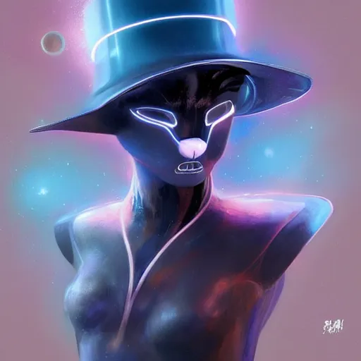 Prompt: a futuristic robotic cat wearing a hat, medium shot, asymmetrical, profile picture, organic painting, nebula, matte painting, bold shapes, hard edges, street art, trending on artstation, by huang guangjian and gil elvgren and sachin teng
