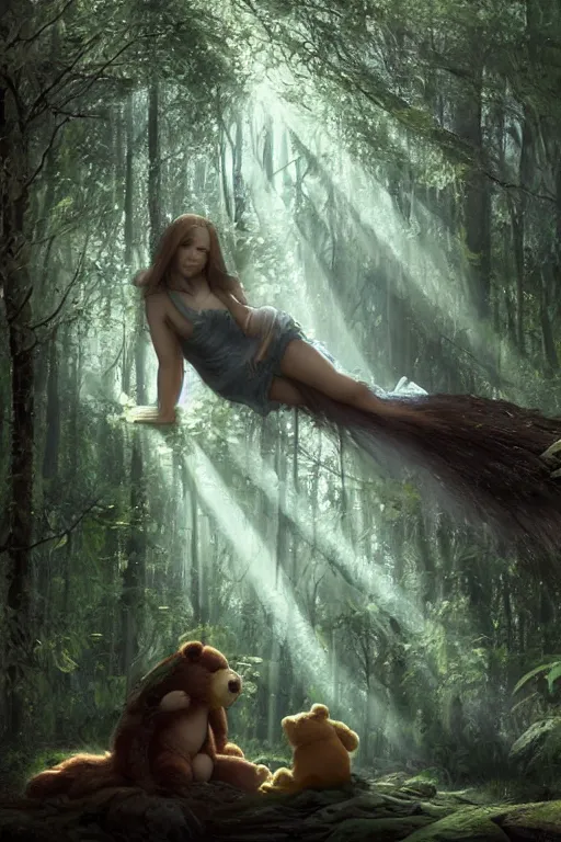 Image similar to mean fluffy teddybear protecting girl in a forest with rays of light coming through the canopy, masterpiece, dystopian, sci-fi, extremely detailed, digital painting, sculpted in zbrush, artstation, concept art, smooth, sharp focus, illustration, chiaroscuro lighting, golden ratio, incredible art, artgerm, greg rutkowski, alphonse mucha, simon stalenhag, carravaggio