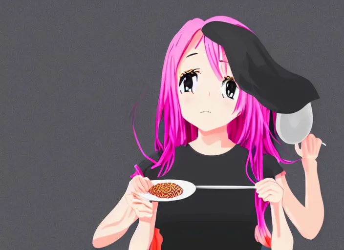 Image similar to anime girl with pink hair eating ramen noodles, black background, detailed face