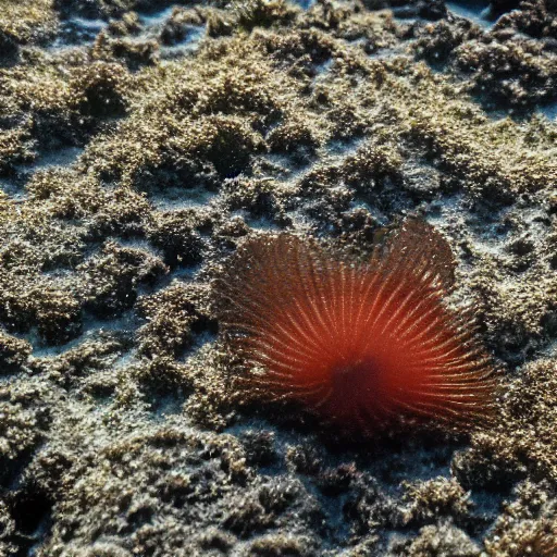 Prompt: a grainy photo of a mysterious cnidarian in the tide pools at a foggy beach