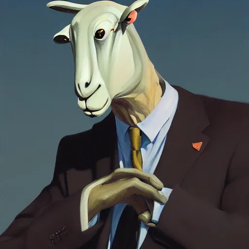 Image similar to Portrait of mr. Sheep wearing a business suit , very coherent, painted by Edward Hopper, Wayne Barlowe, painted by James Gilleard, airbrush, art by JamesJean