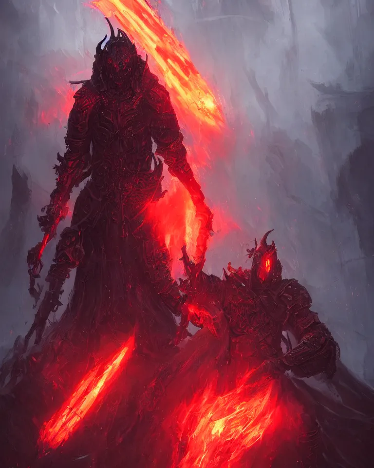 Image similar to portrait of a demonic hell priest holding a staff with red flames, techno - organic armour, black dragon in background, artstation, greg rutkowski, matte painting, 4 k, concept art