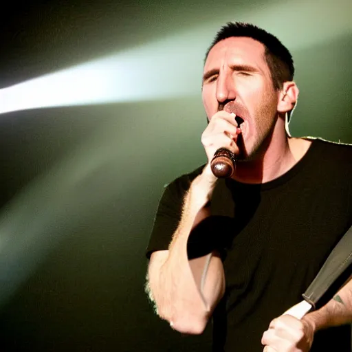 Image similar to Concert photo of Trent Reznor eating an ice cream cone on stage. Flash photography.