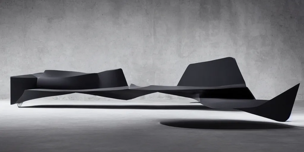 Prompt: modern sofa inspired by the f 1 1 7 nighthawk, designed by zaha hadid, product image, photography