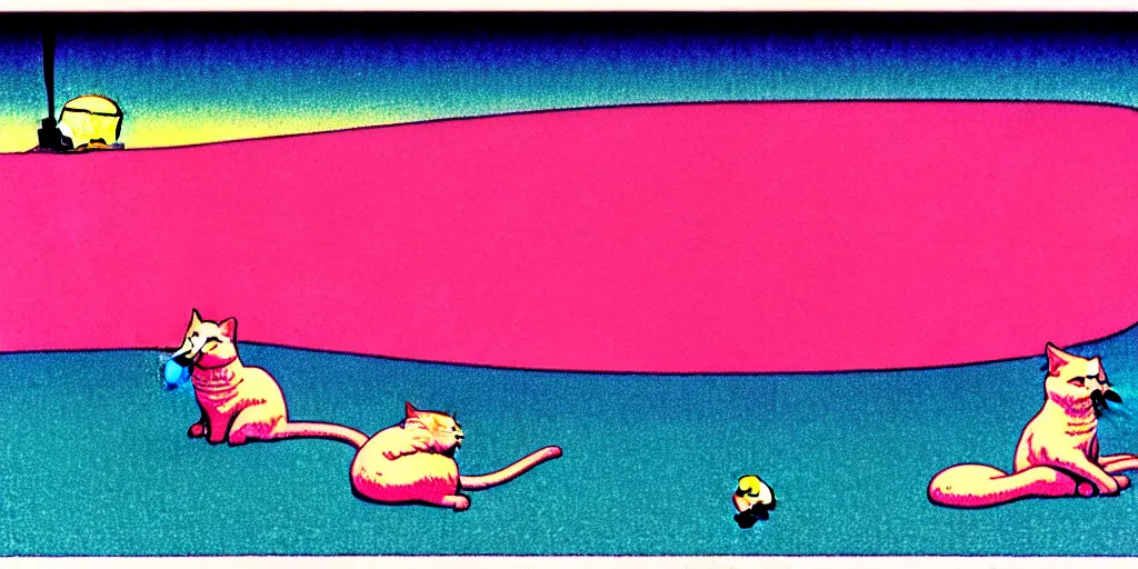 Image similar to risograph of electric cats that fly over ice, a lot of tv screens around, shrimps are all over the ground, acid and dreaming psychedelic hallucinations, by kawase hasui, moebius and edward hopper, colorful flat surreal design, hd, 8 k, artstation