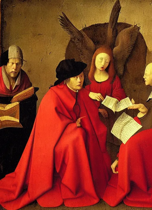 Image similar to fallen angels dressed in red reading the bible and arguing in Tuscany by Jan van Eyck, Hieronymus Bosch, Johannes Vermeer 4k post-processing, highly detailed medieval painting