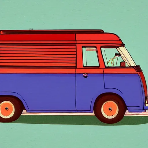 Image similar to retro painting illustration of a volswagen van, 2 d, pastel color, retro style art, trendy on artstation