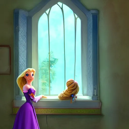 Prompt: rapunzel sadly looking out tower window, artstation, pixar.