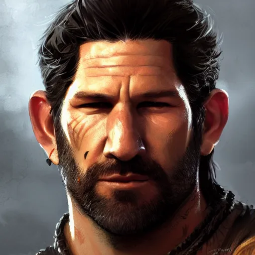 Image similar to Portrait of Jon Bernthal as a wild warrior, lord of the rings, mattepainting concept Blizzard pixar maya engine on stylized background splash comics global illumination lighting artstation lois van baarle, ilya kuvshinov, rossdraws