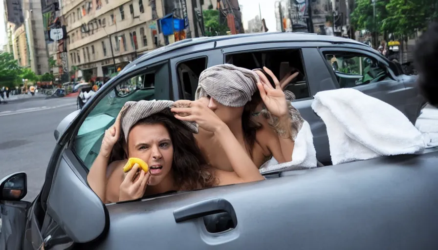 Image similar to an attractive, pig - nosed, bucktoothed woman hails a cab driven by a man with a towel on his head who is unshaven, dirty, and disheveled.