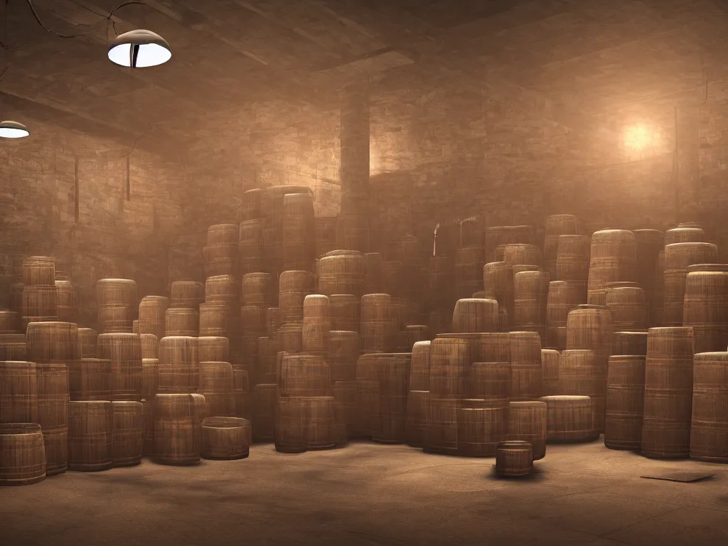 Image similar to a whisky factory with barrels stacked up to the sealing. sitting on a small wooden stool a large man sips a tiny tumbler of whisky. beautiful atmospheric lighting, sunlight beaming through open windows, small dust particles in the air. unreal engine 5, v - ray, 8 k, ultra hd, god rays.