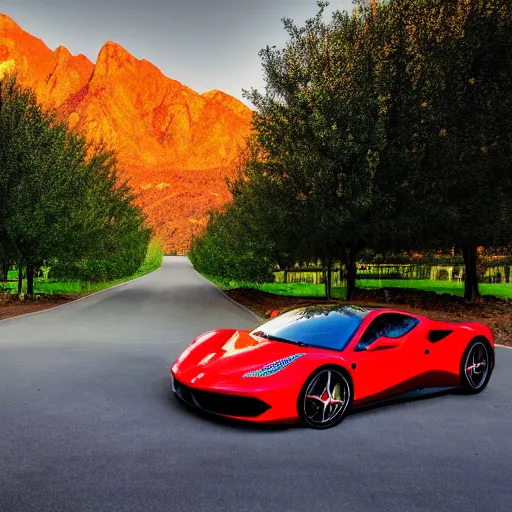 Prompt: a beautiful ferrari park next to a tree it's a sunny day with no cloud in the sky and there is one road next to the car the background is a view of mountains professional photograph