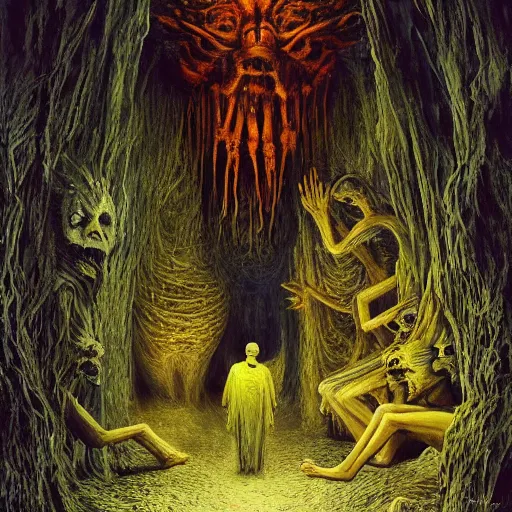 Prompt: painting of a creepy family wearing long robes, intercrossed humans, mixed animal, in a crystal cave, by giger, zdzislaw beksinski, thierry bosch, cold hue's, amazing colorful background, digital art, concept art, animal painting, beautiful composition 3 - d 4 k,