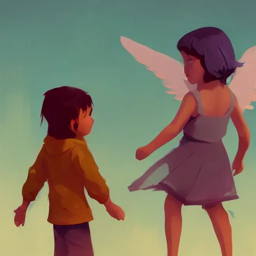 Image similar to Angel protecting child by james gilleard, very detailed, deviantart, artstation