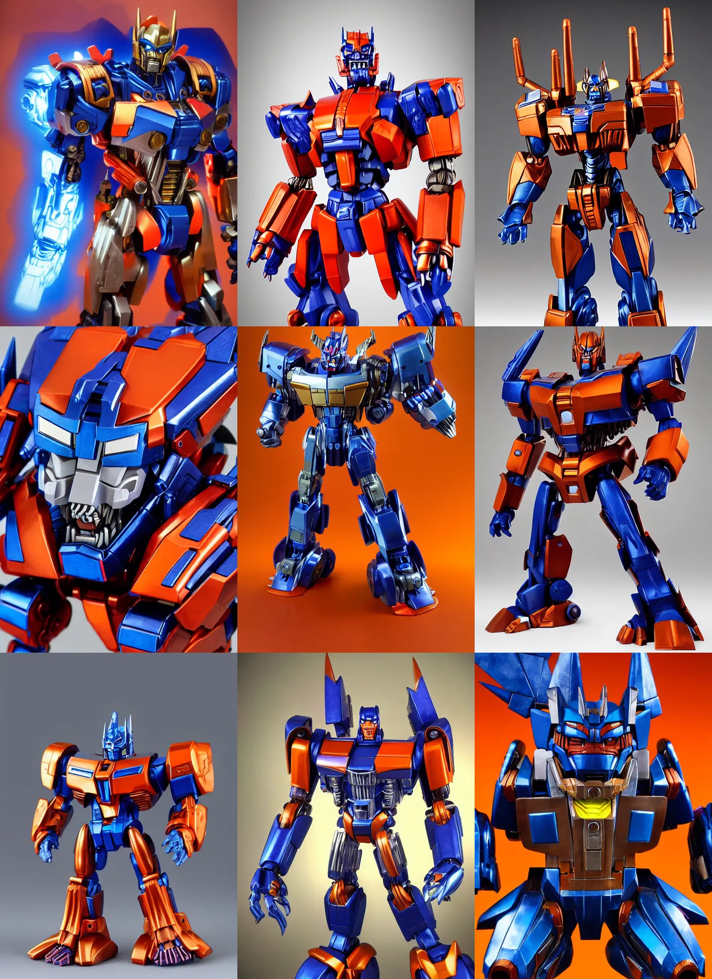 Prompt: dynamic character portrait of optimal optimus from beast wars in robot mode, beast wars, beast wars, transmetal, transmetal ii, transmetal toy, transmetal toys, beast wars toy, beast wars toys, transformers toy, transformers toys, chromed orange and blue color scheme, metallic chrome paint, transformers, transformers beast wars