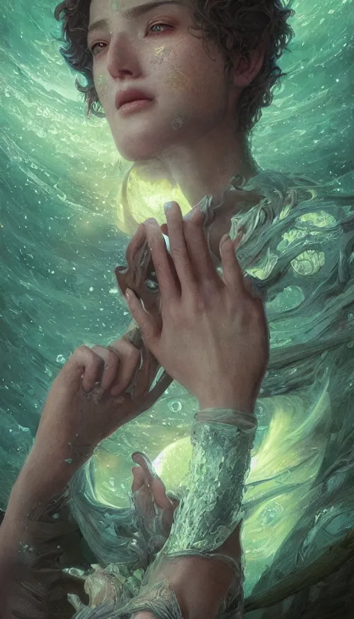Image similar to epic masterpiece fire, sweaty skin, hyperrealistic, octane render, cinematic, night, moon, beautiful face and flawless skin, perfect hands, 5 fingers, emerald by Edgar Maxence and Ross Tran and Michael Whelan, Lorenzo Sperlonga Legends of Runeterra