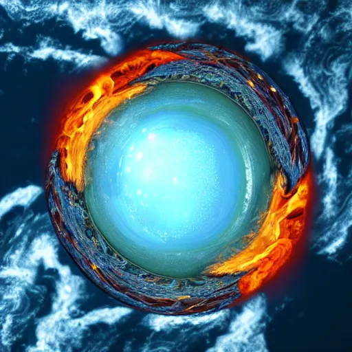 Image similar to water, fire, earth and air in one element, swirling around in a sphere, amazing detail, ray tracing