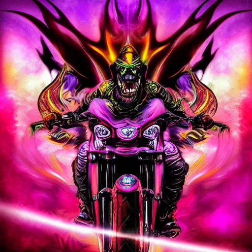 Image similar to psychedelic blacklight airbrush artwork, hyper stylized action shot of a menacing orc riding a motorcycle, hyper detailed ultra sharp, colorful soft airbrushed artwork, black background, digital painting, smooth, sharp focus, cgsociety, artstation