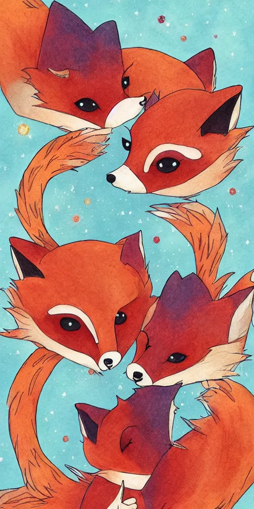 Image similar to greeting card, love, 2 affectionate foxes, by kelly mckernan, warm colors, cozy