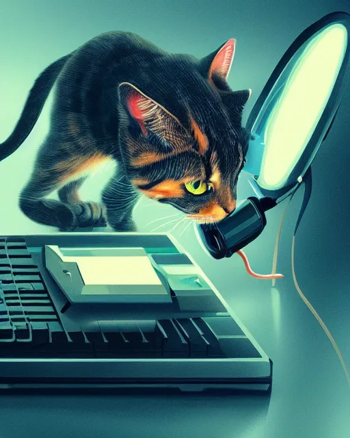 Image similar to a cat eating a computer mouse, cyberpunk, digital art, 8 k, trending on artstation