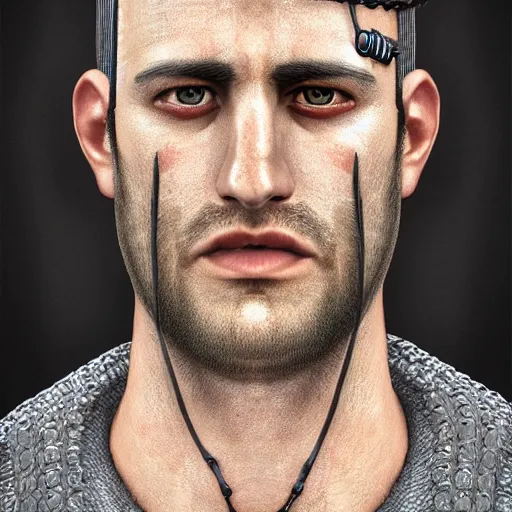 Prompt: realistic head portrait, 30 year old man, Spain :: athletic, angered, short black hair :: chain mail :: high detail, digital art, RPG, concept art, illustration