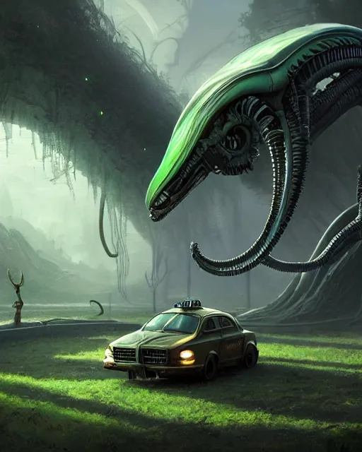 Prompt: xenomorph taxi car in a fantasy village, calming, uplifting mood, ultra realistic, farm, small buildings, alien car, highly detailed, atmosphere, masterpiece, epic lighting, elves, green plants, magic, illuminated, 4 k, cinematic, morning sun, art by eddie mendoza, sylvain sarrailh