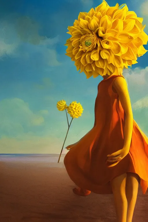 Image similar to closeup girl with huge yellow dahlia flower face, at beach, surreal photography, blue sky, sunrise, dramatic light, impressionist painting, digital painting, artstation, simon stalenhag