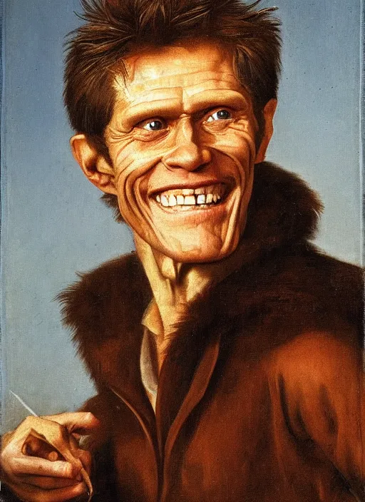 Image similar to portrait painting of willem dafoe with stubble smiling warmly, renaissance oil painting, chiaroscuro