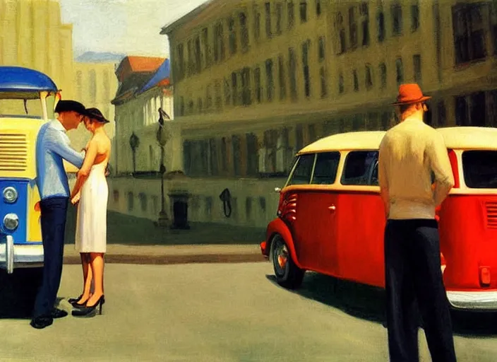 Prompt: painting, two young men and women near vw bus, by edward hopper, bernardo bertolucci dreamers movie scene