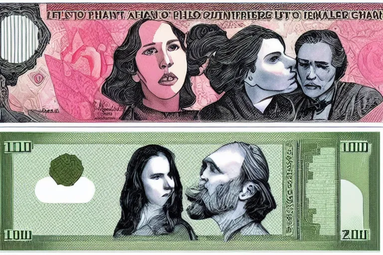 Image similar to reylo kissing currency design