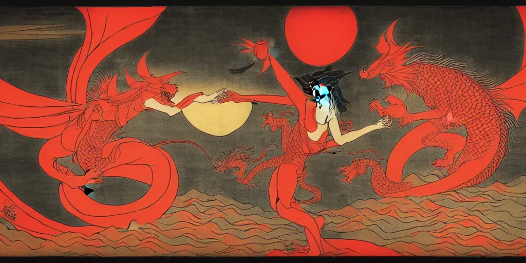 Image similar to The Great Red Dragon and the Woman Clothed with the Sun, at dusk, by Utagawa Kuniyoshi, dramatic lighting, high contrast colors, panoramic view, as trending on Artstation,